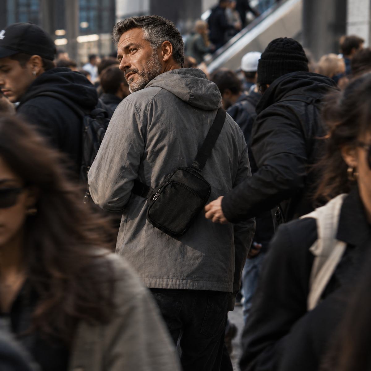 Persona caminando por una ciudad llena de gente